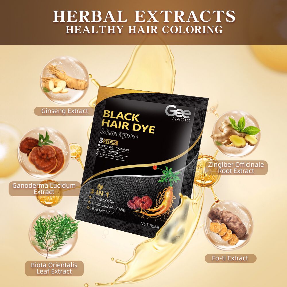 GEE MAGIC 3-in-1 Hair Dye Shampoo 30ml x10 Travel Sachets – Herbal Natural Hair Colour, Grey Coverage, Ginseng Extract – Black & Brown, Men & Women