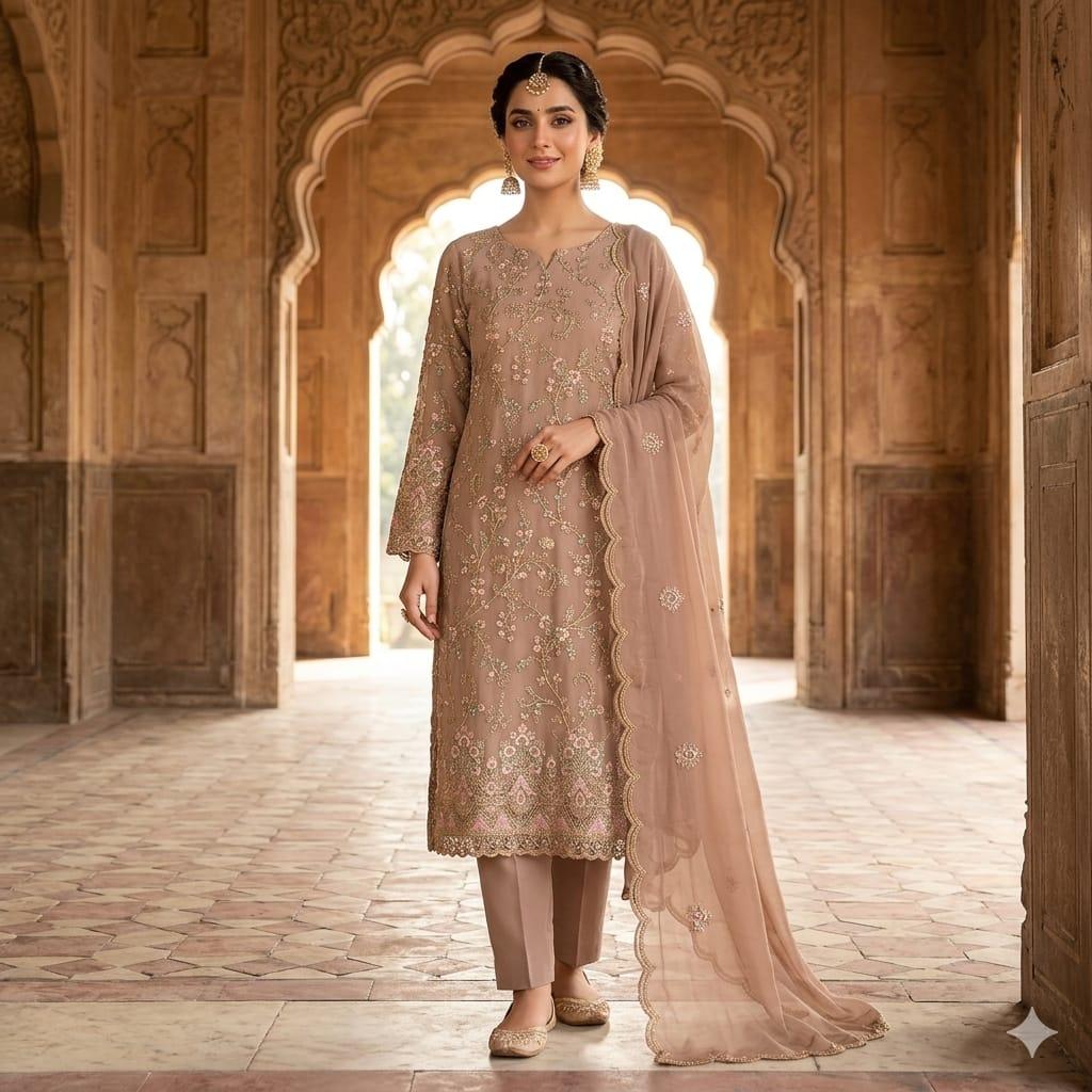 Unstitched Georgette 4 piece Shalwar Kameez Dupatta with Lining Premium Embroidered Polyester