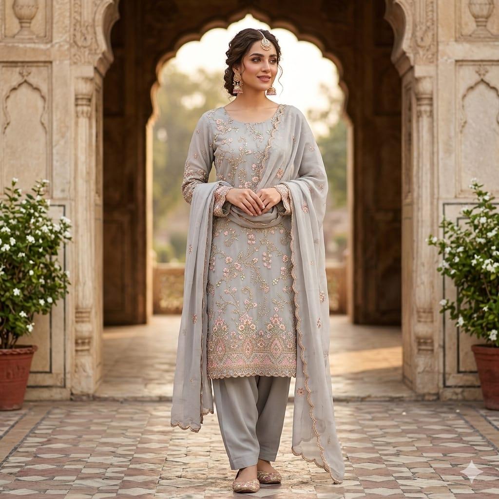 Unstitched Georgette 4 piece Shalwar Kameez Dupatta with Lining Premium Embroidered Polyester