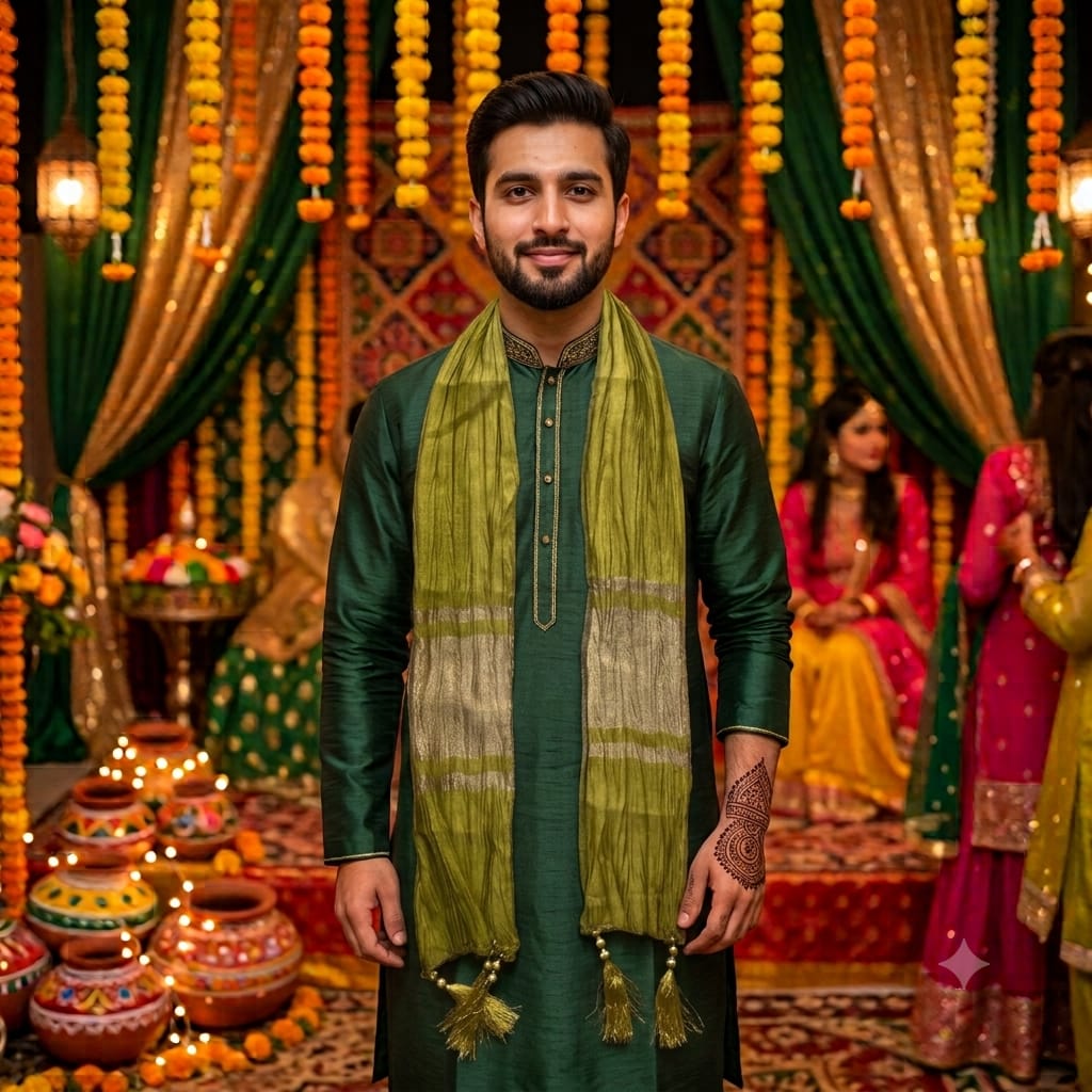 Men's Women Mehndi Scarf Patka Dupatta Stole Shawl | Groom Groomsmen Dulha Barat Nikah Wedding Party Wear | Cerise Orange Olive Green Masuri Silk