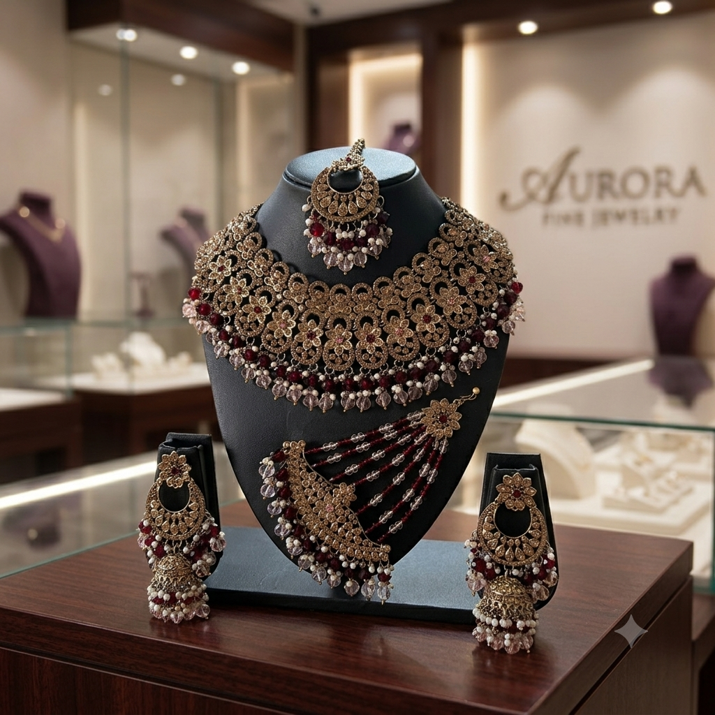 Fancy Traditional Cultural Bridal. Jewellery Set with Stunning Coloured Studs Stones and Beads Perfect for Bridal Dresses