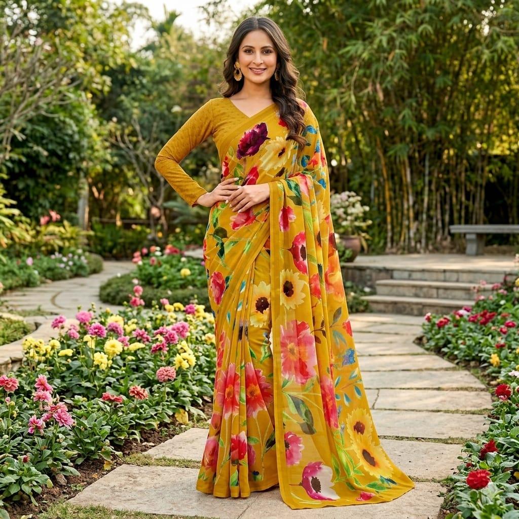 Georgette Chiffon Saree Collection over 30 Trendy Prints | Lightweight Summer Drape | Includes Unstitched Blouse Piece (6.25m) Breathable  Womenswear  Asian  Clothes