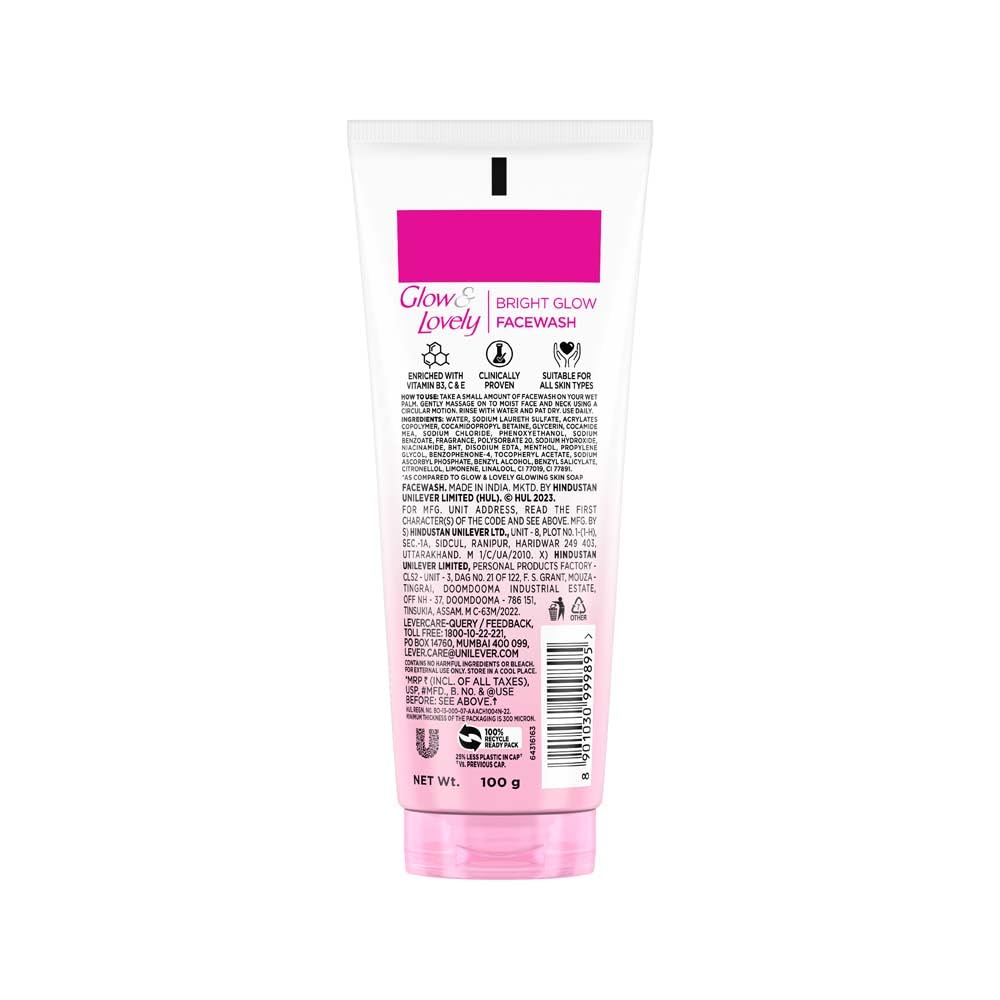 Fair & Lovely Glow & Lovely Bright Glow Face Wash 50g – Vitamin C Face Cleanser for Bright, Radiant & Glowing Skin | Deep Cleansing Facial Wash for All Skin Types