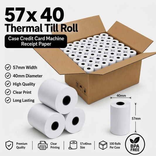 57x40 thermal paper, credit card machine paper, PDQ rolls, epos till rolls, receipt paper bulk, card terminal rolls, retail supplies, cash register paper.