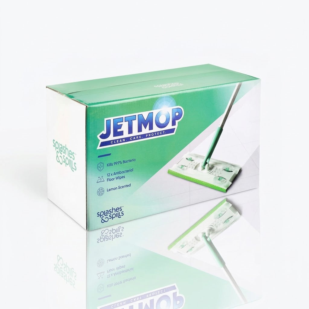 Jetmop Starter Kit – Floor Mop with 12 x Lemon Scented Antibacterial Floor Wipe Refills, Disposable Wet Cleaning Pads, Multi-Surface Hard Floor Cleaner for Kitchen, Bathroom, Laminate, Tile & Wood Floors