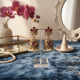 Traditional Indian Ethnic Gold Plated Pearl Beaded Flower Stud Jhumka Earrings | Designer Festive & Wedding Statement Jewellery For Women & Girls