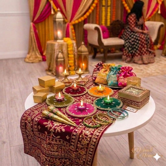 Handcrafted 9" Velvet Mehndi Platter with Mirror Work & Tealight Holder –  Decorative Wedding Trays for Dholki, Shaadi, Diwali Decor, & Festive Guest Favors (Royal Red, Orange, Green, Pink, Bottle Green, Olive)