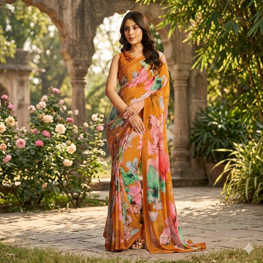 Georgette Chiffon Saree Collection over 30 Trendy Prints | Lightweight Summer Drape | Includes Unstitched Blouse Piece (6.25m) Breathable  Womenswear  Asian  Clothes