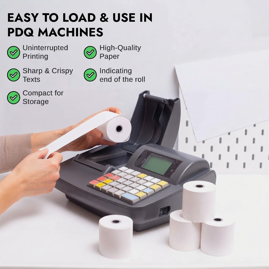 57x40 thermal paper, credit card machine paper, PDQ rolls, epos till rolls, receipt paper bulk, card terminal rolls, retail supplies, cash register paper.