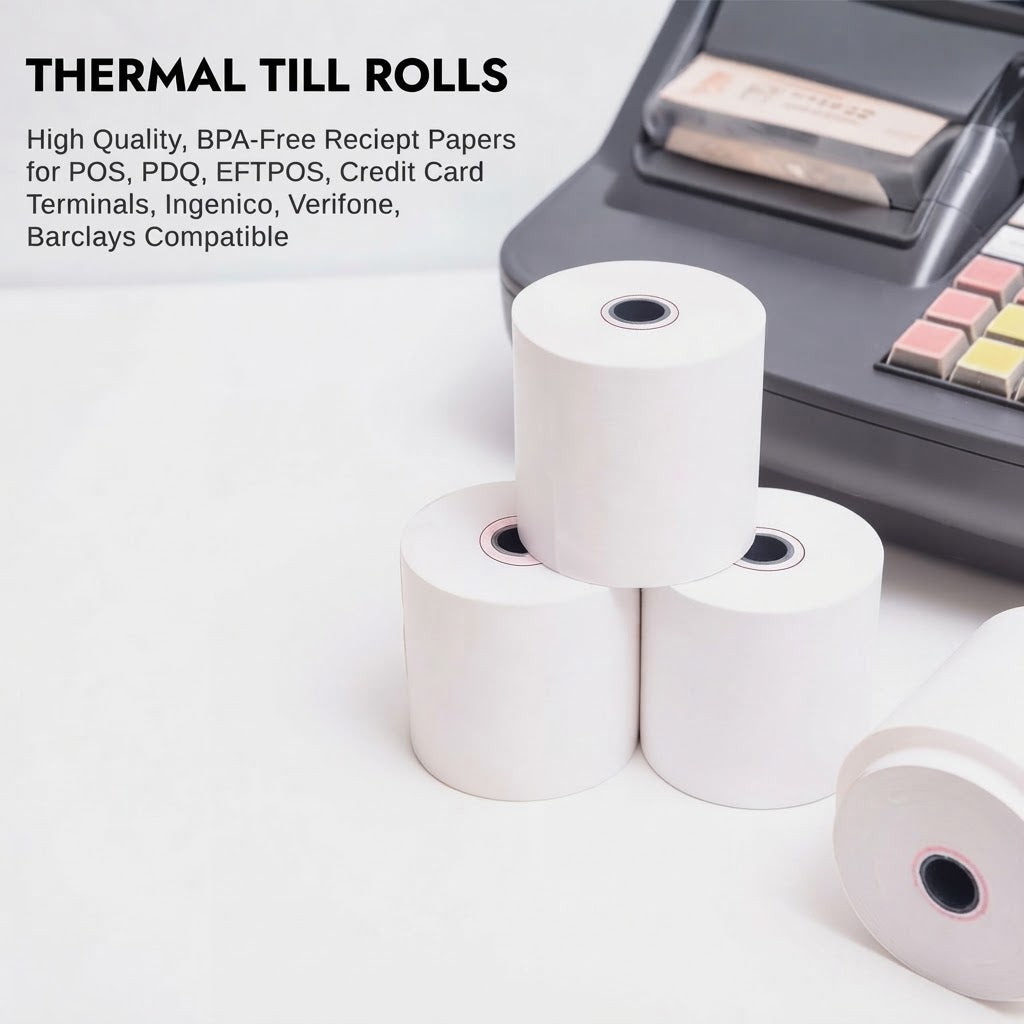 57x40 thermal paper, credit card machine paper, PDQ rolls, epos till rolls, receipt paper bulk, card terminal rolls, retail supplies, cash register paper.