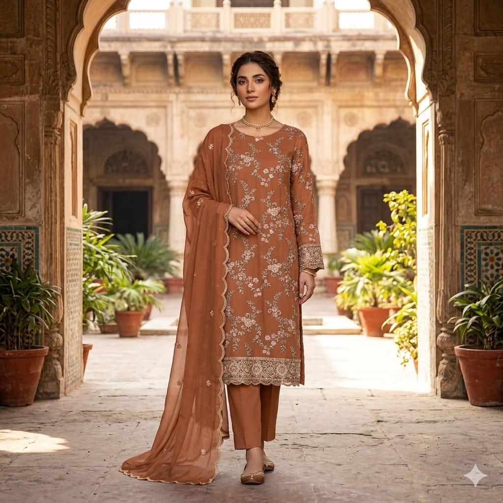 unstitched Georgette 4 piece Shalwar Kameez Dupatta with Lining Premium Embroidered Polyester