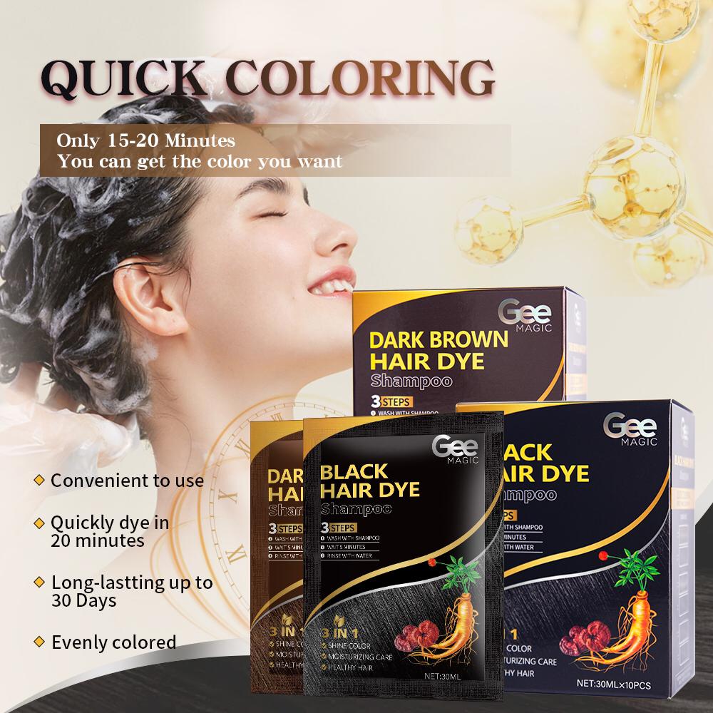 GEE MAGIC 3-in-1 Hair Dye Shampoo 30ml x10 Travel Sachets – Herbal Natural Hair Colour, Grey Coverage, Ginseng Extract – Black & Brown, Men & Women