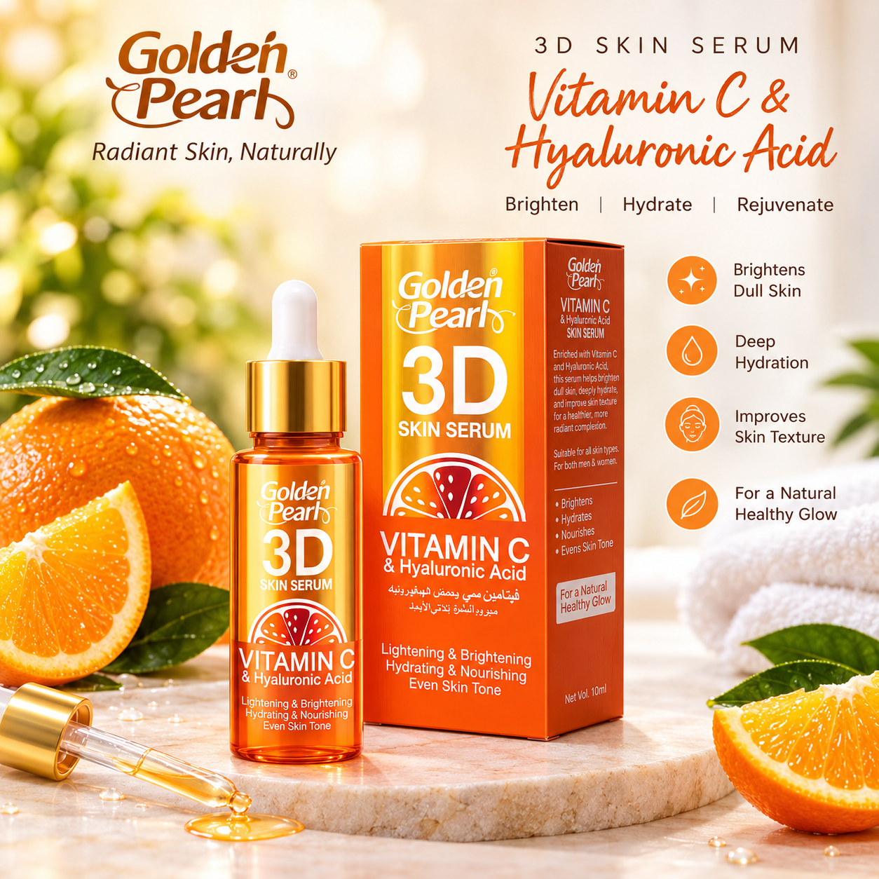 Golden Pearl 3D Vitamin C Serum for Face - Hyaluronic Acid Serum for Face Glowing - Plum Vitamin C Serum - Face Glow Serum - Brightening Serum for Women - Skincare Serum for Face Men Vit C serum 10ml
