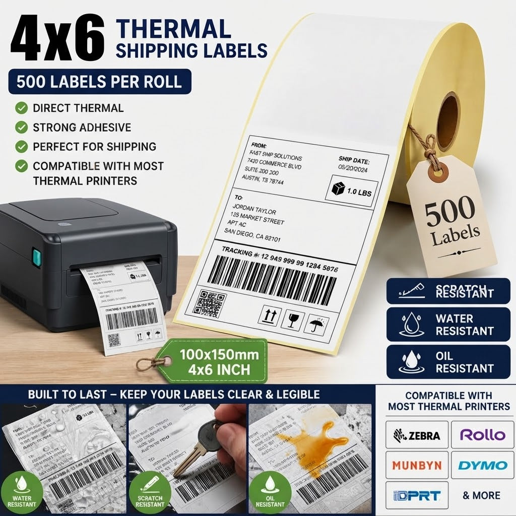500pcs 4x6 Thermal Shipping Labels | Cheap Direct Thermal Paper for Zebra, Toshiba & Citizen Printers | Bulk 100x150mm Roll