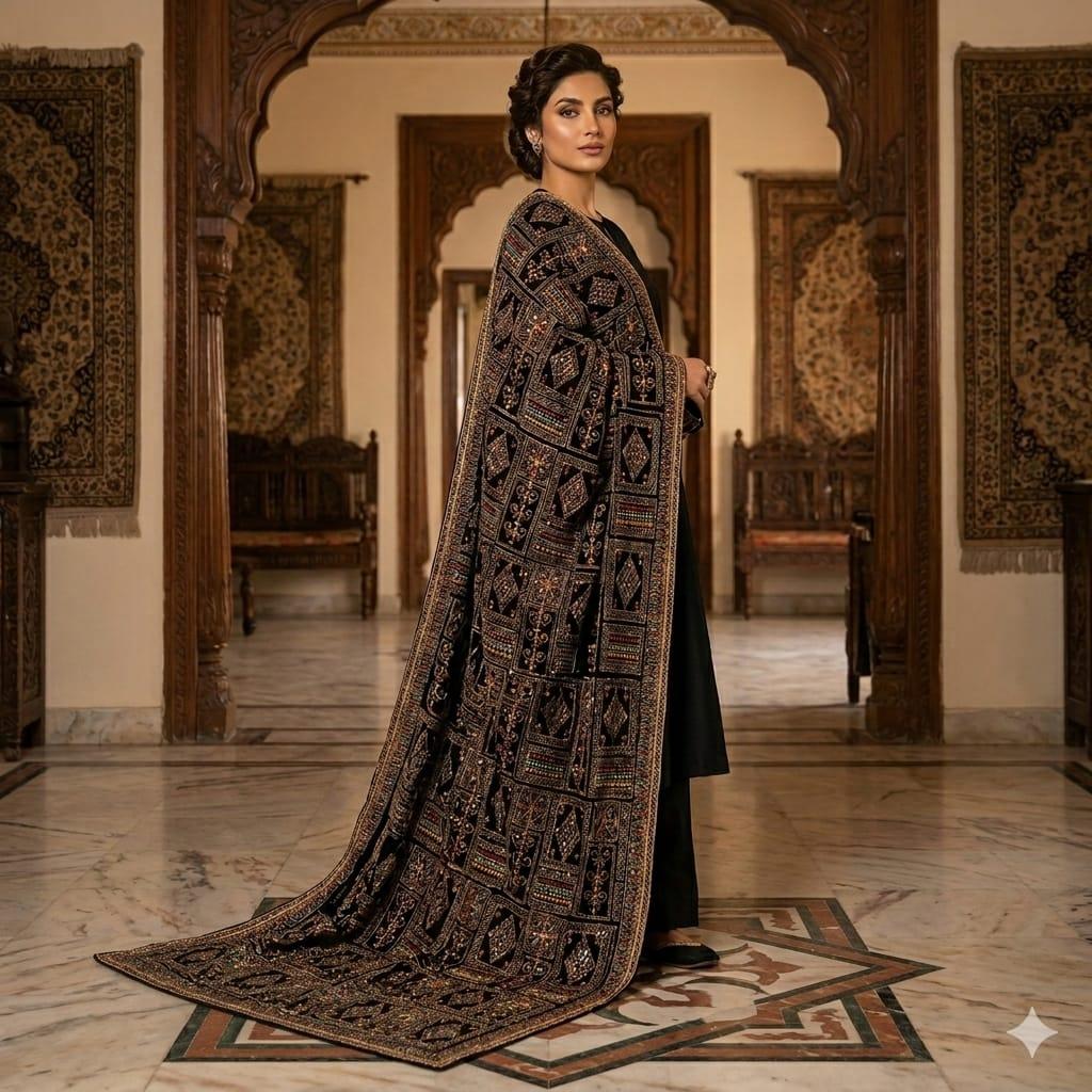 Luxury Embroidered Velvet Shawl – Full Length 2.5 Yards Winter Wrap | Premium Geometrical Needlework Dupatta Available in Black, Navy Blue & Teal