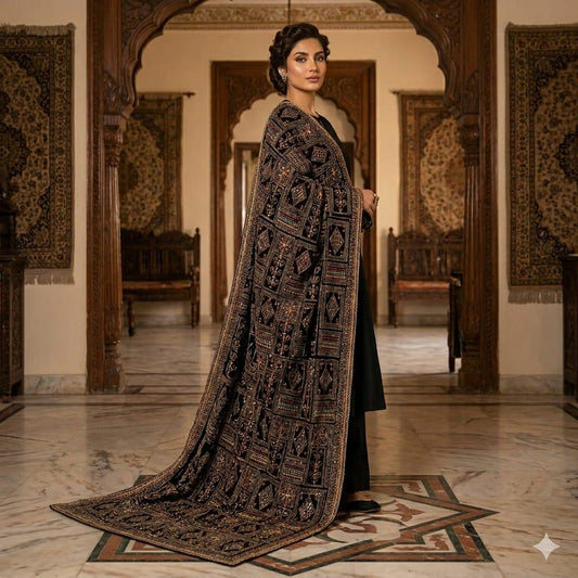 Luxury Embroidered Velvet Shawl – Full Length 2.5 Yards Winter Wrap | Premium Geometrical Needlework Dupatta Available in Black, Navy Blue & Teal