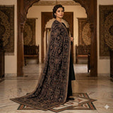 Luxury Embroidered Velvet Shawl – Full Length 2.5 Yards Winter Wrap | Premium Geometrical Needlework Dupatta Available in Black, Navy Blue & Teal