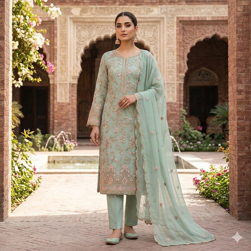 Unstitched Georgette 4 piece Shalwar Kameez Dupatta with Lining Premium Embroidered Polyester