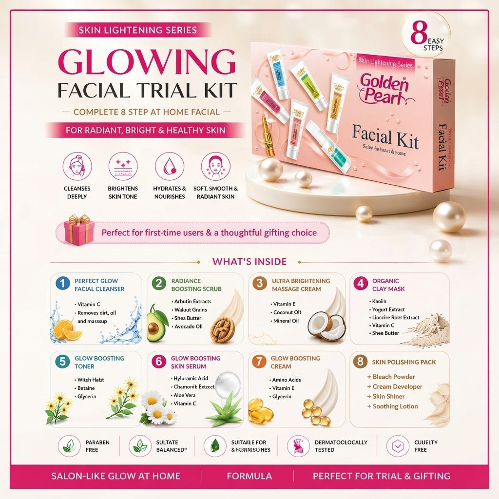 Golden Pearl Glowing Facial Trial Kit – Complete 8-Step At-Home Salon Skincare & Polishing Pack for Radiant, Bright, & Healthy Skin | Paraben Free & Dermatologically Tested