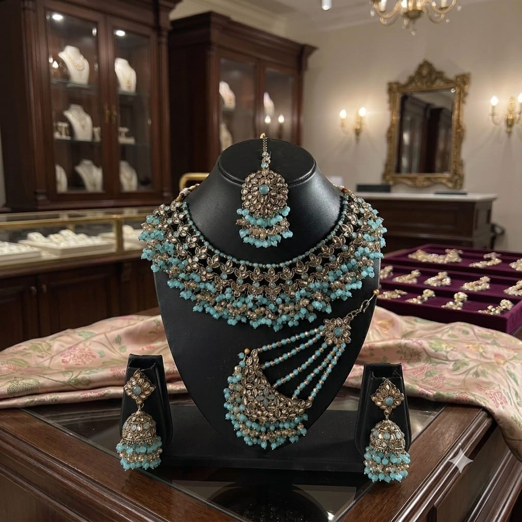 Fancy Traditional Cultural Bridal. Jewellery Set with Stunning Coloured Studs Stones and Beads Perfect for Bridal Dresses