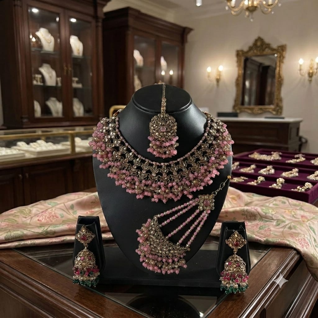 Fancy Traditional Cultural Bridal. Jewellery Set with Stunning Coloured Studs Stones and Beads Perfect for Bridal Dresses