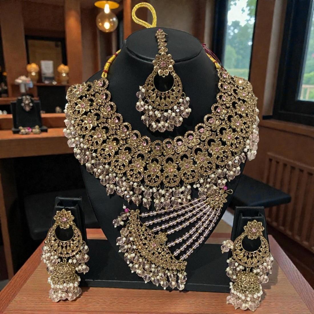 Fancy Traditional Cultural Bridal. Jewellery Set with Stunning Coloured Studs Stones and Beads Perfect for Bridal Dresses