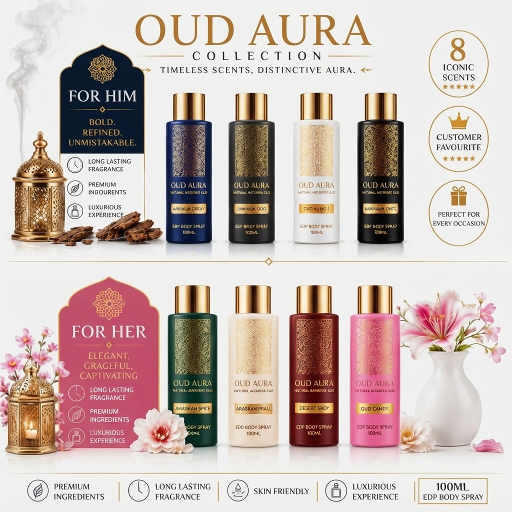 Oud Aura Arabian Oud Body Spray 100ml For Him & Her 8 Fragrance Options