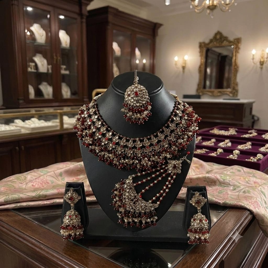 Fancy Traditional Cultural Bridal. Jewellery Set with Stunning Coloured Studs Stones and Beads Perfect for Bridal Dresses