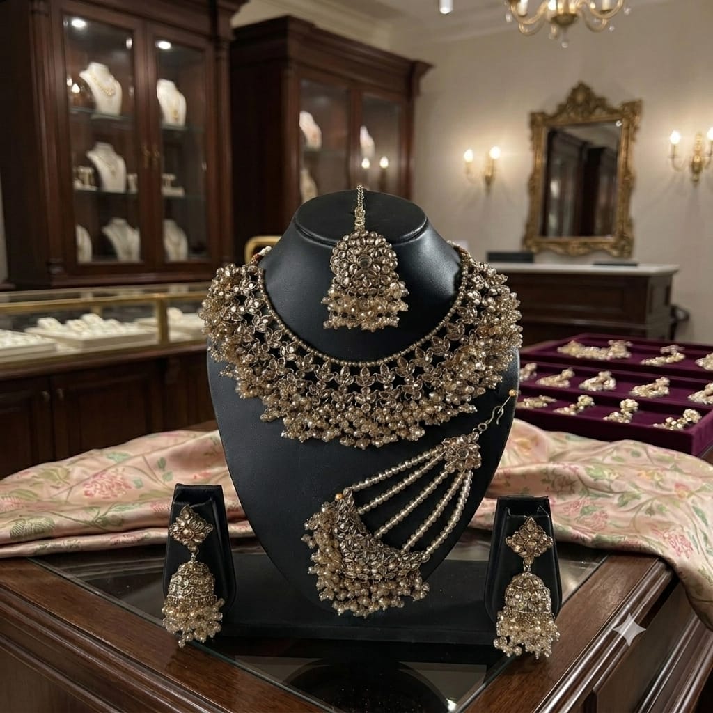 Fancy Traditional Cultural Bridal. Jewellery Set with Stunning Coloured Studs Stones and Beads Perfect for Bridal Dresses