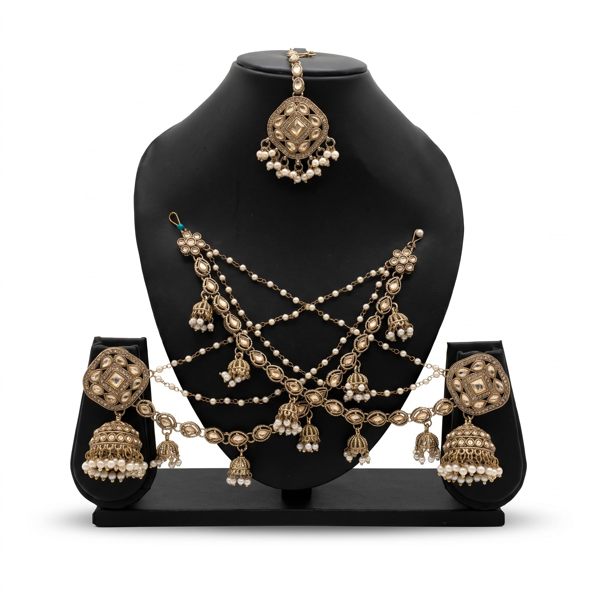 Gold Pearl & Multicolor Bead Kaan Sahara Set with Tikka | 2 Sahare + 1 Tikka | Bahubali Ear Chain | Pearl Kaan Chain | Indian Pakistani Bridal Jewelry