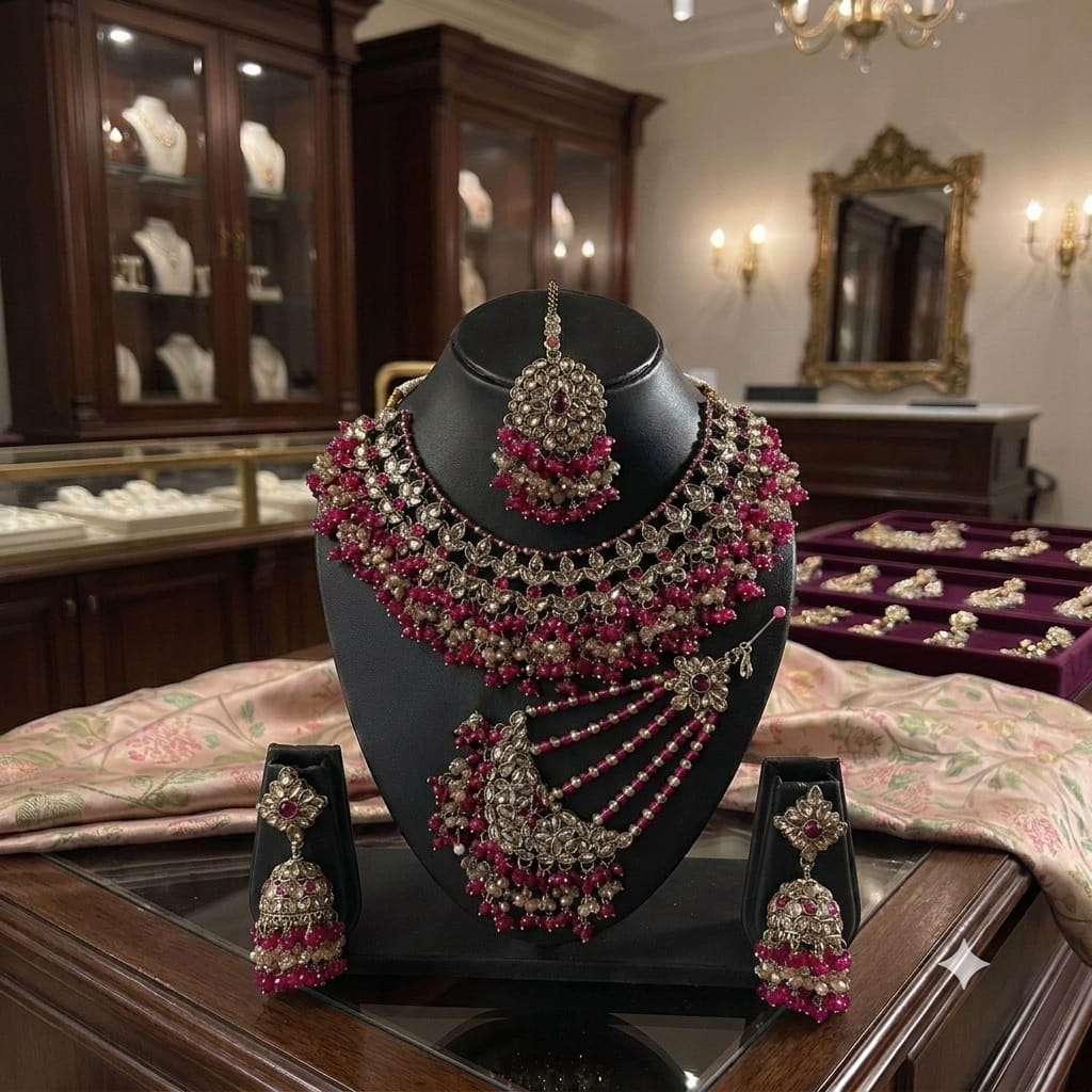 Fancy Traditional Cultural Bridal. Jewellery Set with Stunning Coloured Studs Stones and Beads Perfect for Bridal Dresses