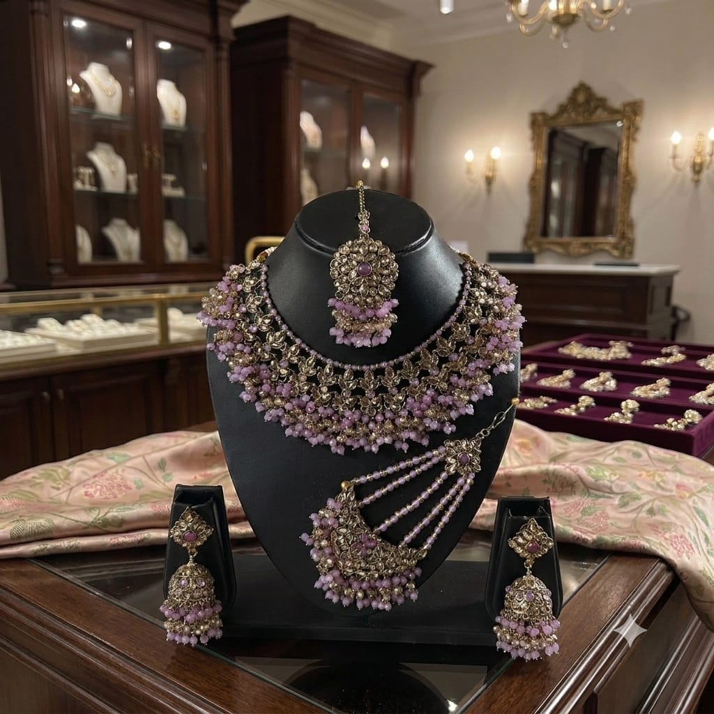 Fancy Traditional Cultural Bridal. Jewellery Set with Stunning Coloured Studs Stones and Beads Perfect for Bridal Dresses