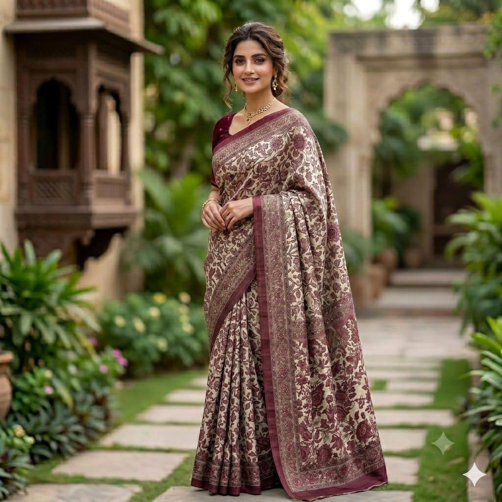 kashmiri silk Saree Collection  Trendy Prints | Lightweight Summer Drape | Includes Unstitched Blouse Piece (6.30m) Breathable  Womenswear  Asian  Clothes