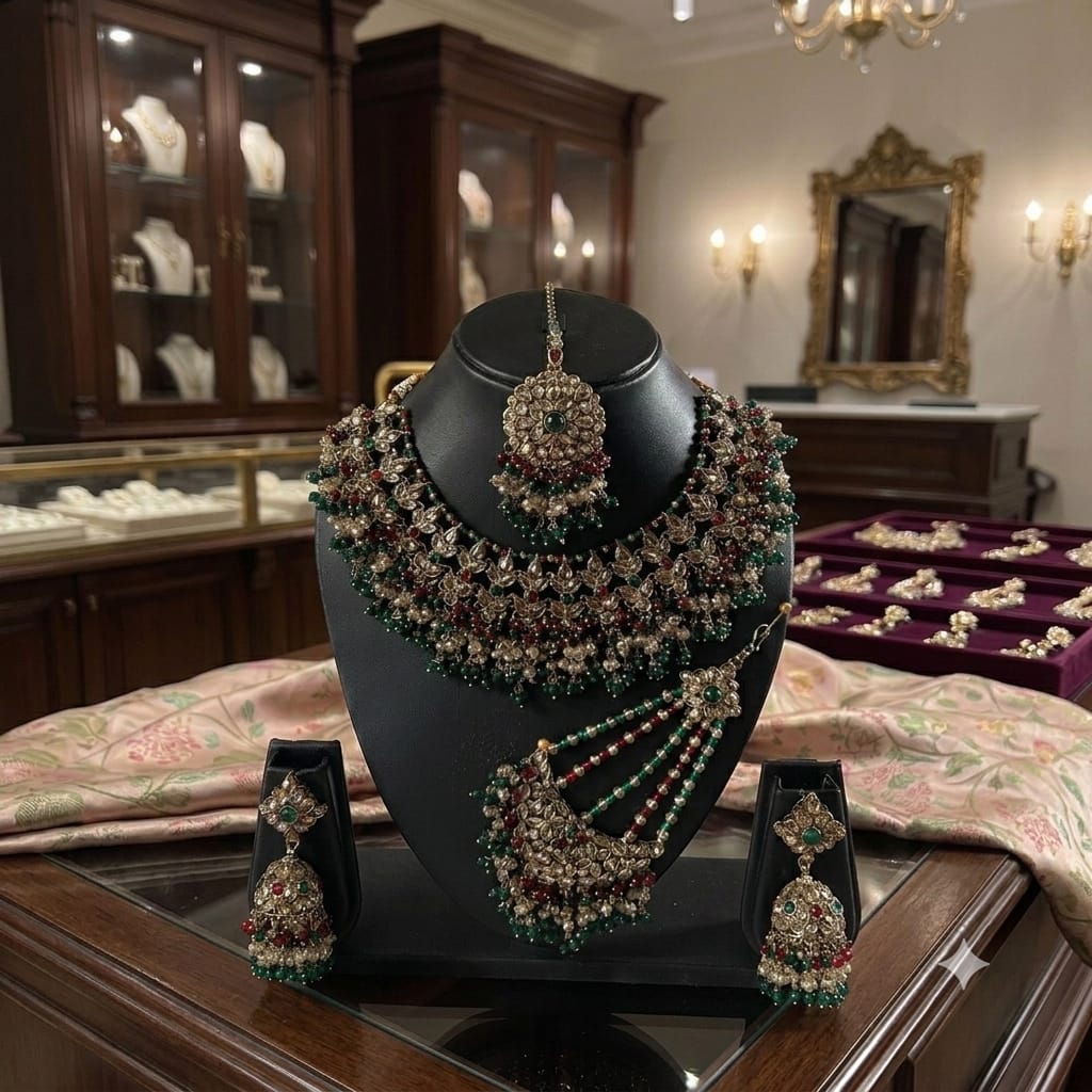 Fancy Traditional Cultural Bridal. Jewellery Set with Stunning Coloured Studs Stones and Beads Perfect for Bridal Dresses