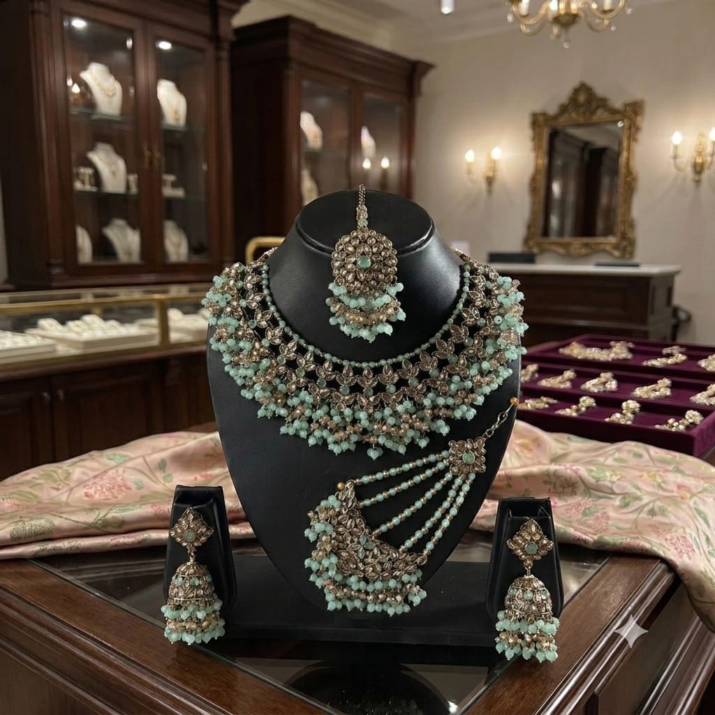 Fancy Traditional Cultural Bridal. Jewellery Set with Stunning Coloured Studs Stones and Beads Perfect for Bridal Dresses
