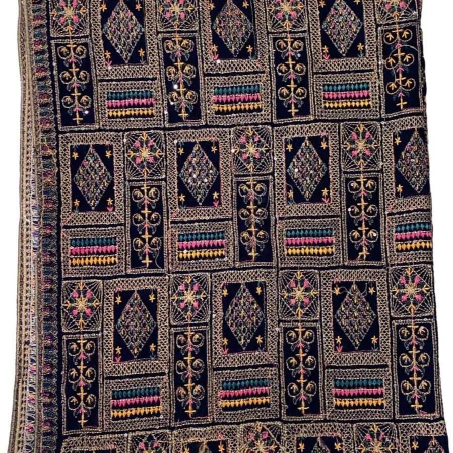 Luxury Embroidered Velvet Shawl – Full Length 2.5 Yards Winter Wrap | Premium Geometrical Needlework Dupatta Available in Black, Navy Blue & Teal