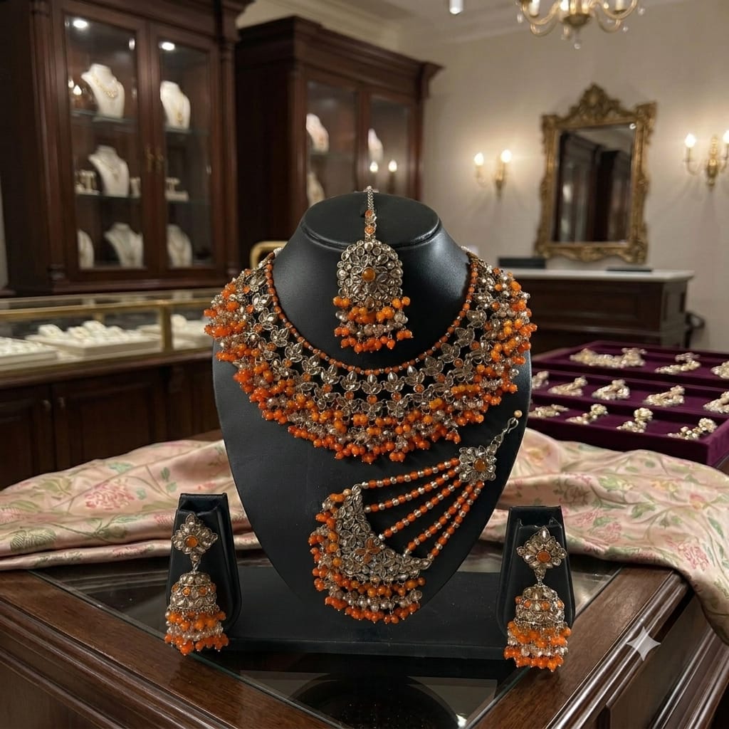 Fancy Traditional Cultural Bridal. Jewellery Set with Stunning Coloured Studs Stones and Beads Perfect for Bridal Dresses