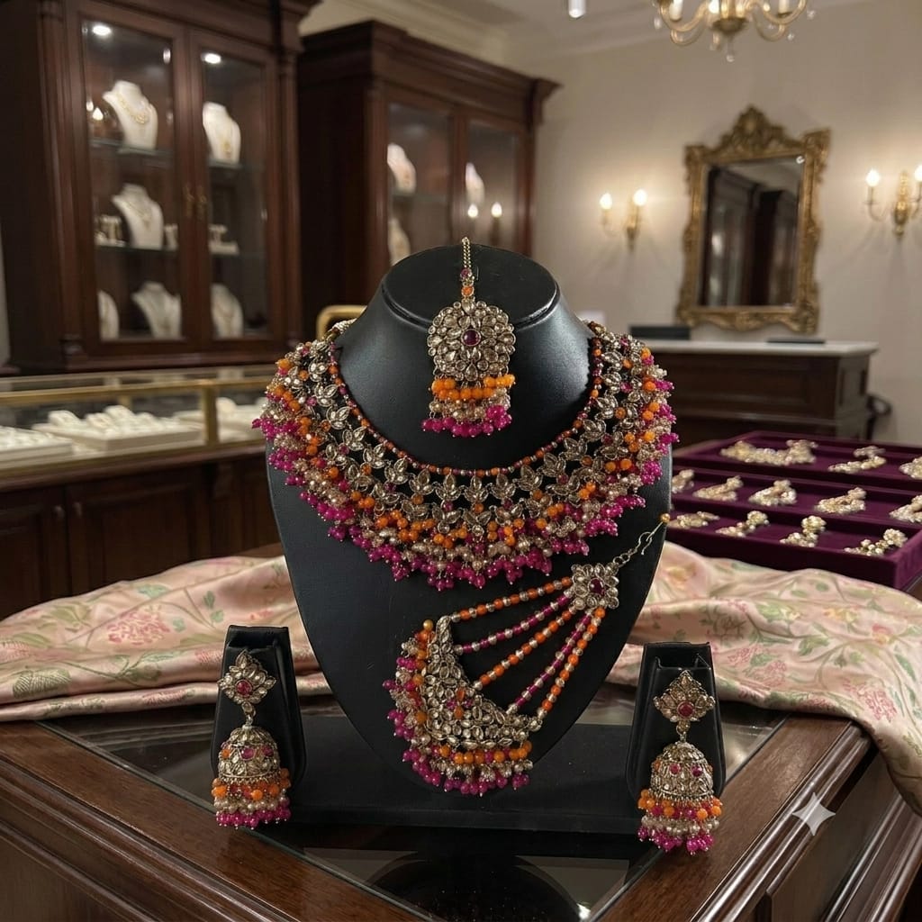 Fancy Traditional Cultural Bridal. Jewellery Set with Stunning Coloured Studs Stones and Beads Perfect for Bridal Dresses