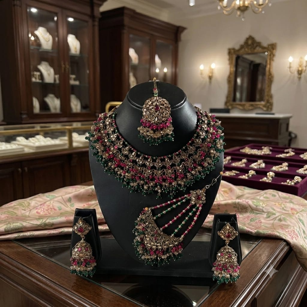 Fancy Traditional Cultural Bridal. Jewellery Set with Stunning Coloured Studs Stones and Beads Perfect for Bridal Dresses