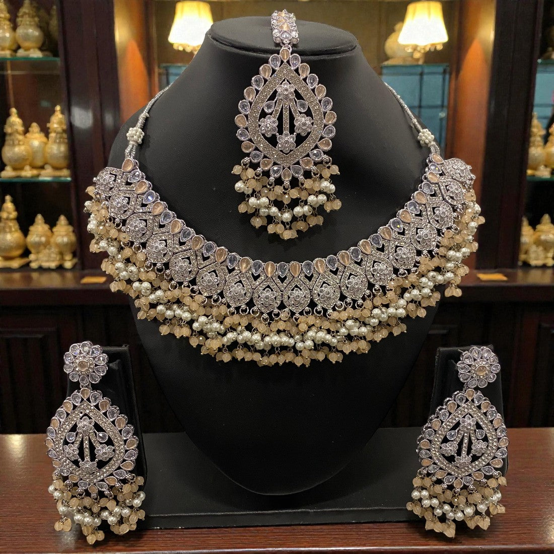 Fancy Traditional Cultural Bridal. Jewellery Set with Stunning Coloured Studs Stones and Beads Perfect for Bridal Dresses