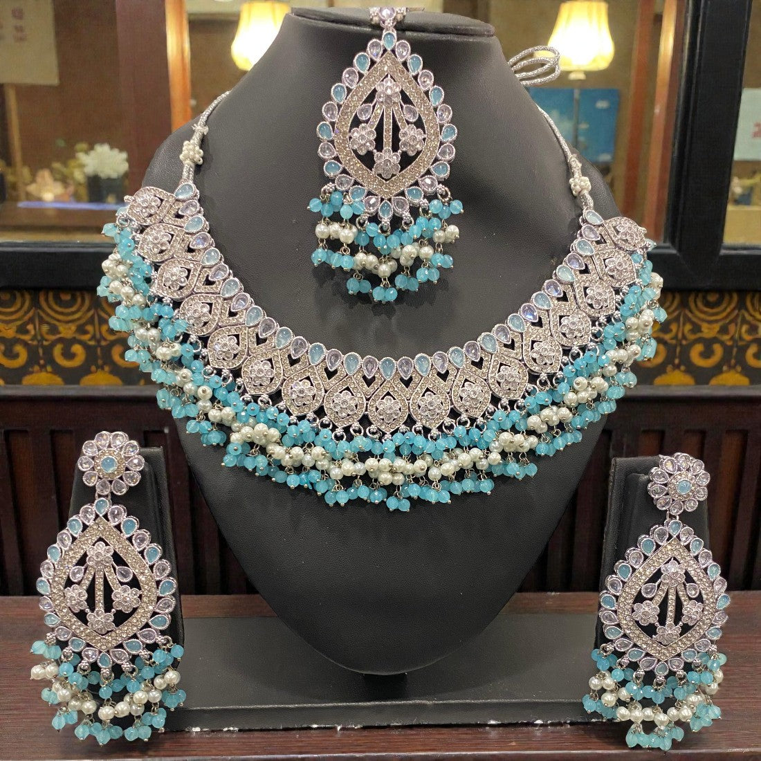 Fancy Traditional Cultural Bridal. Jewellery Set with Stunning Coloured Studs Stones and Beads Perfect for Bridal Dresses