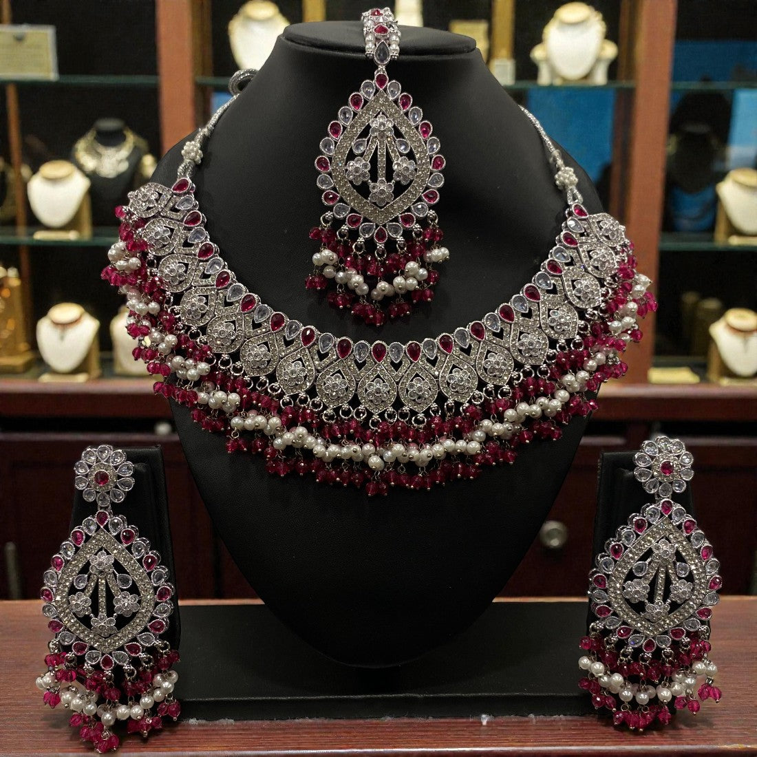 Fancy Traditional Cultural Bridal. Jewellery Set with Stunning Coloured Studs Stones and Beads Perfect for Bridal Dresses