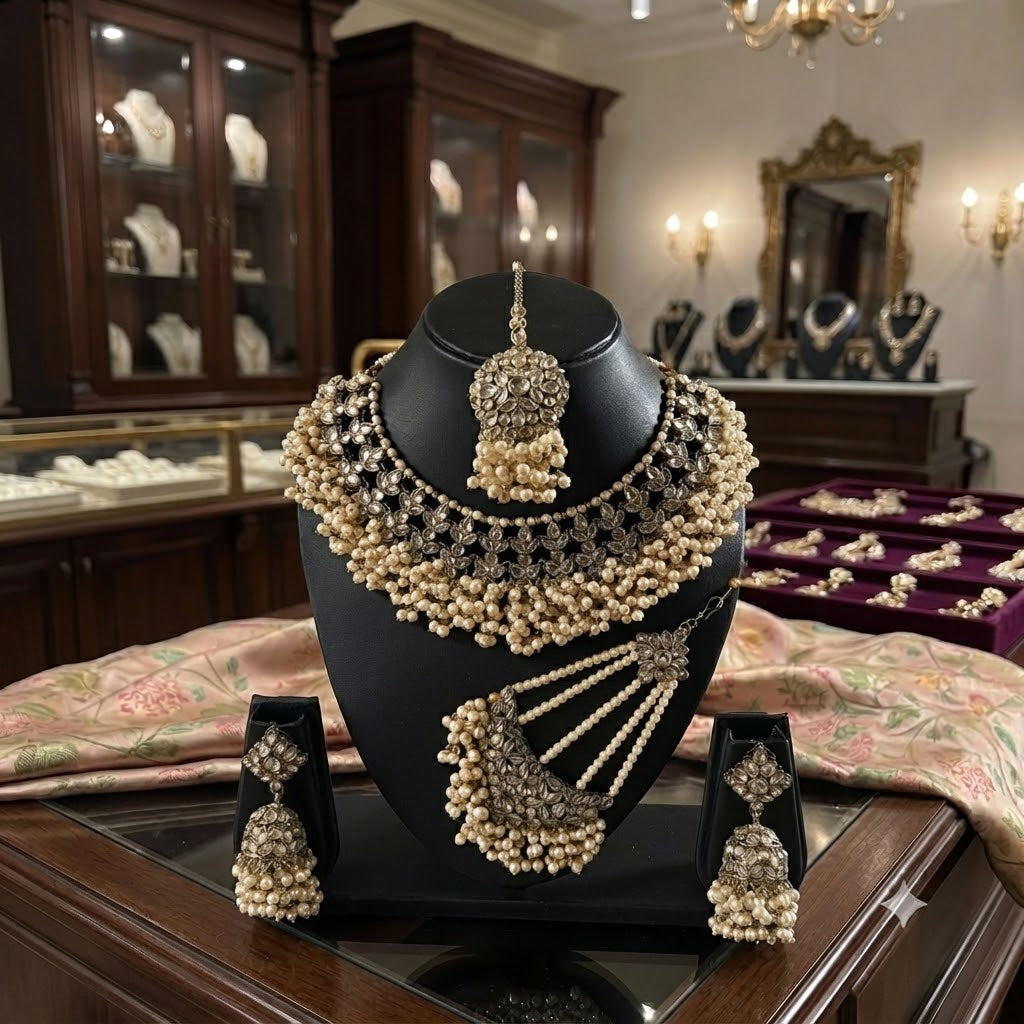 Fancy Traditional Cultural Bridal. Jewellery Set with Stunning Coloured Studs Stones and Beads Perfect for Bridal Dresses