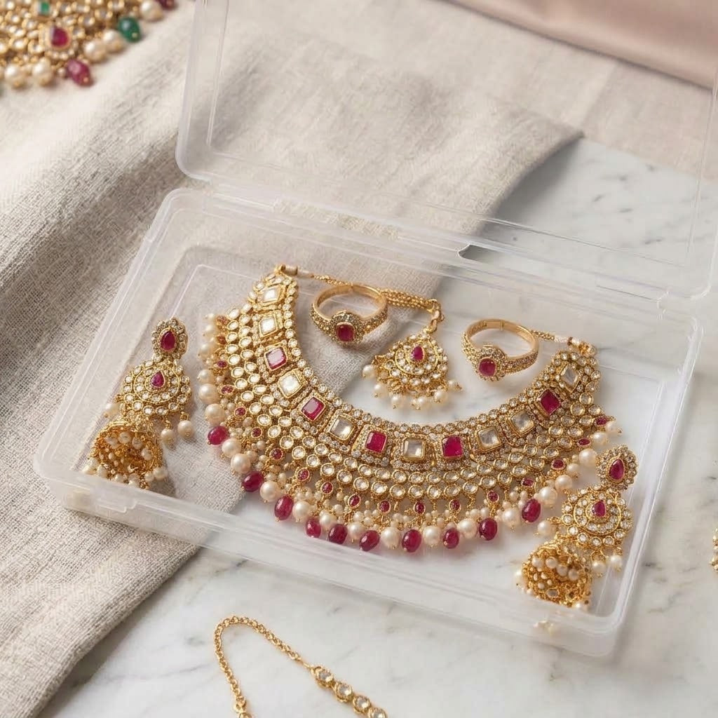 1x Clear Plastic Jewellery Storage Box with Dual Snap-Lock Latches – Transparent Flat Organizer Case for Indian Bridal Necklace Sets, Chokers, Bangles, Craft Beads & Travel Accessory Display