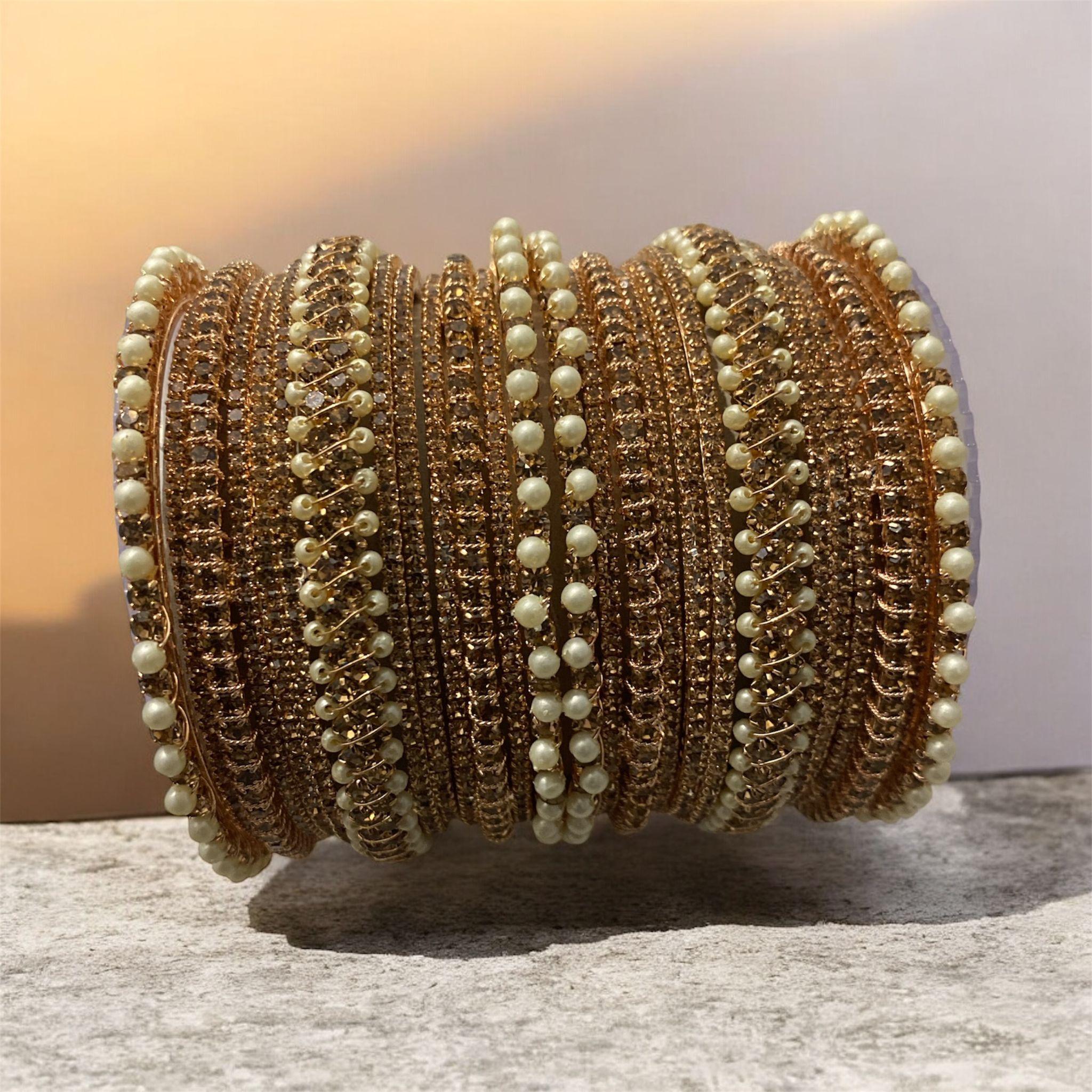 Rose Gold & Silver Bridal Bangles Set – Pearl Stone Kada Churi for Weddings & Mehndi – Traditional Indian/Pakistani Jewellery Sold by: Single Hand & 2 Hands.