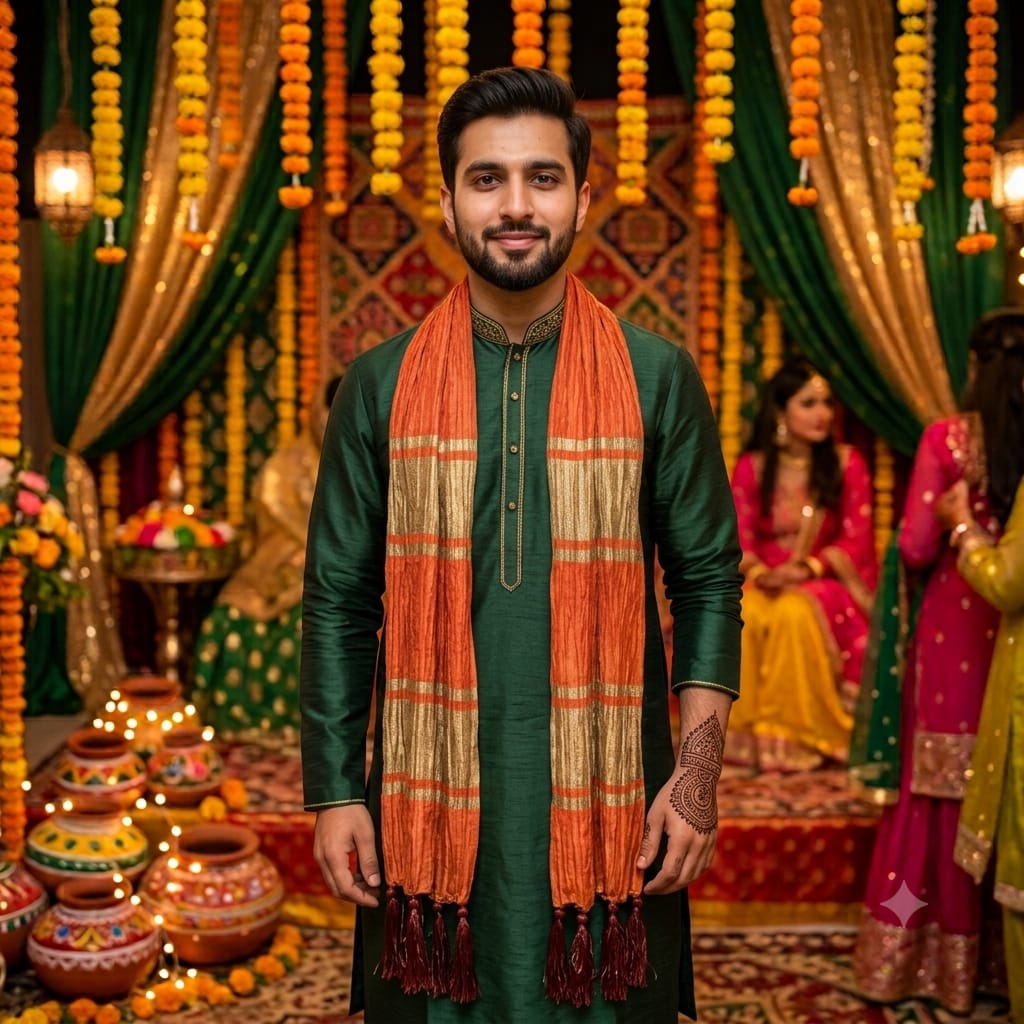 Men's Women Mehndi Scarf Patka Dupatta Stole Shawl | Groom Groomsmen Dulha Barat Nikah Wedding Party Wear | Cerise Orange Olive Green Masuri Silk