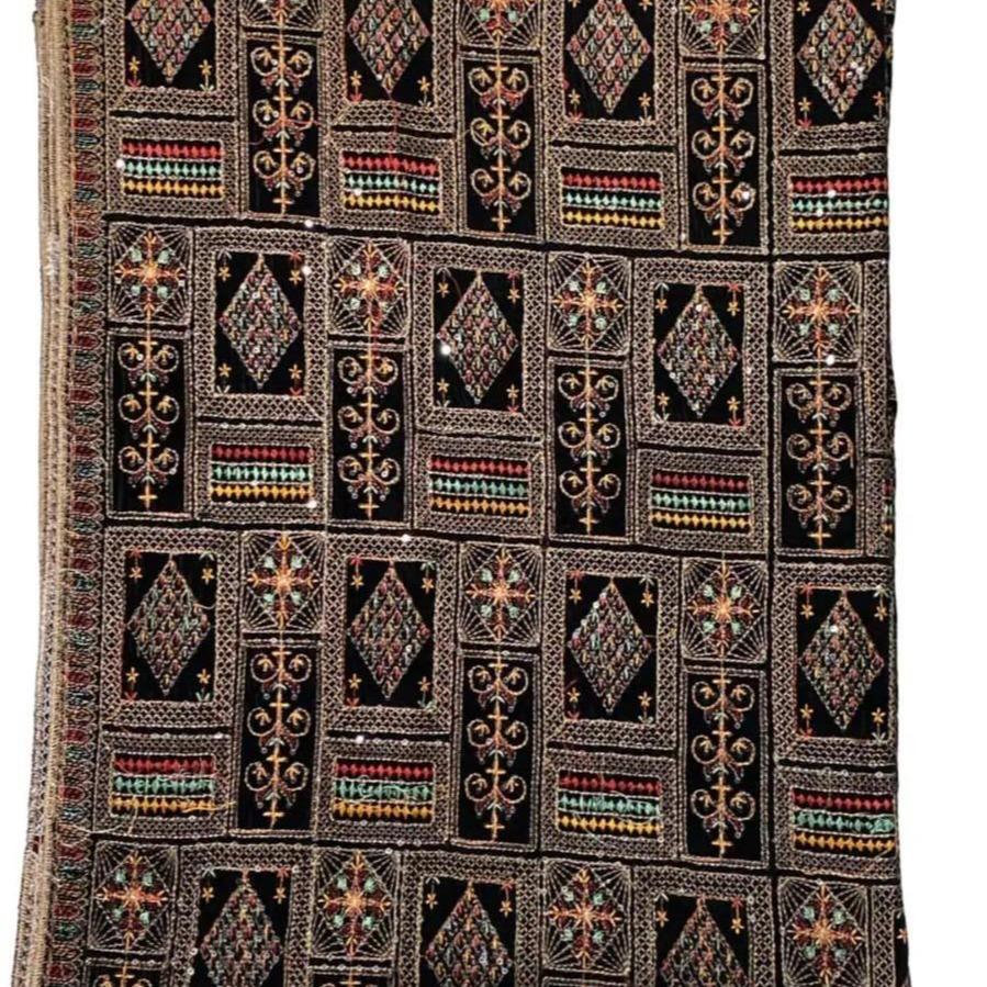 Luxury Embroidered Velvet Shawl – Full Length 2.5 Yards Winter Wrap | Premium Geometrical Needlework Dupatta Available in Black, Navy Blue & Teal