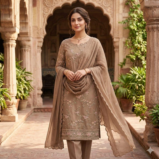 unstitched Georgette 4 piece Shalwar Kameez Dupatta with Lining Premium Embroidered Polyester