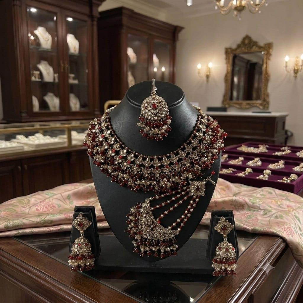 Fancy Traditional Cultural Bridal. Jewellery Set with Stunning Coloured Studs Stones and Beads Perfect for Bridal Dresses