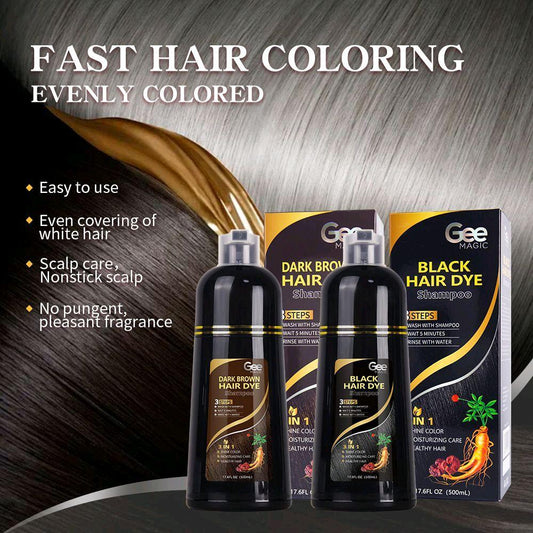 GEE MAGIC 3 in 1 Black & Brown Hair Dye Shampoo - Can cover grey hairs,Herbal Ingredients Natural Hair Colour Shampoo,Contains Ginseng Extract,Natural Haircoloring